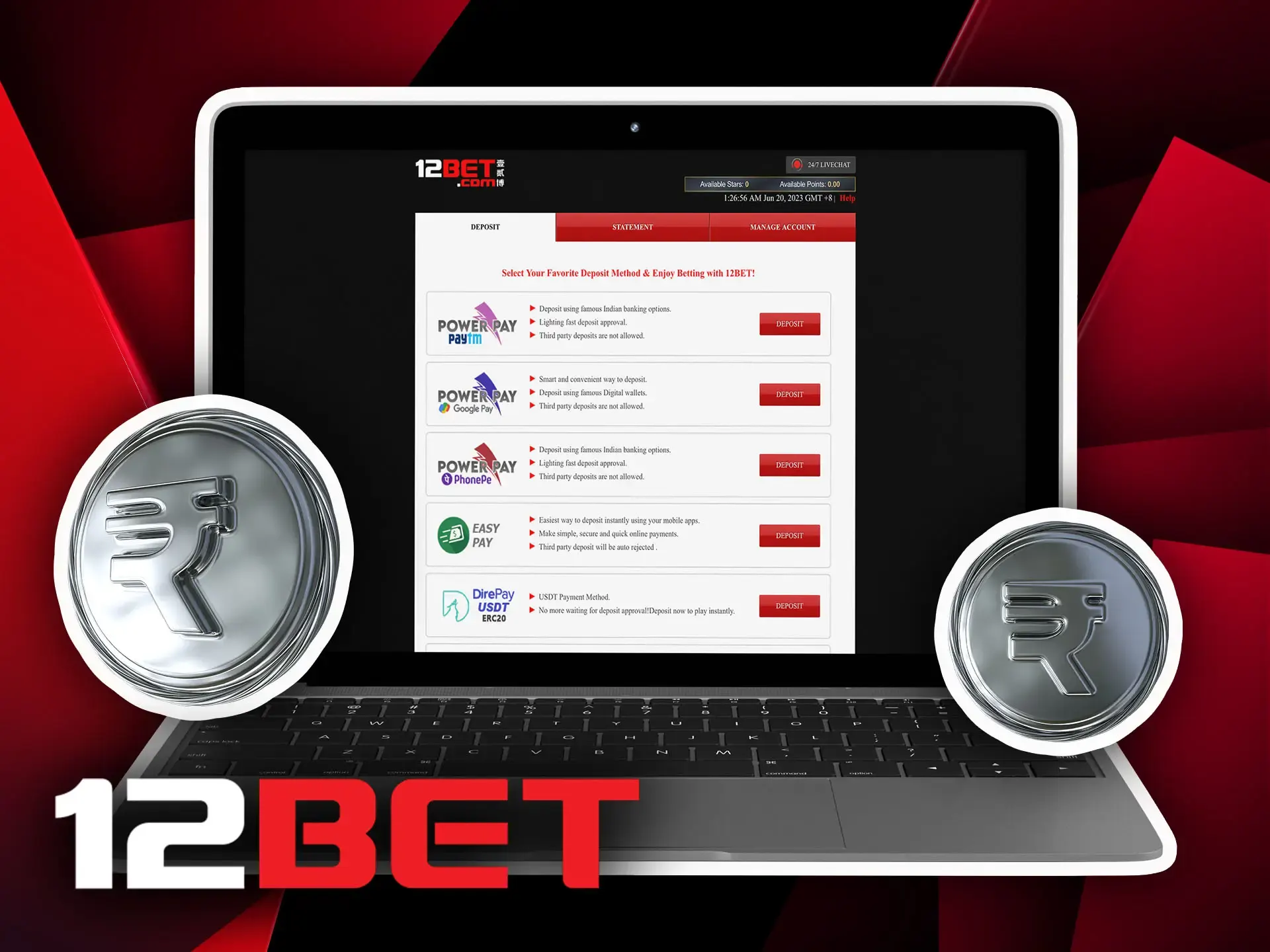 Enjoy the convenience of managing all your deposits and withdrawals at 12bet using Indian Rupees.